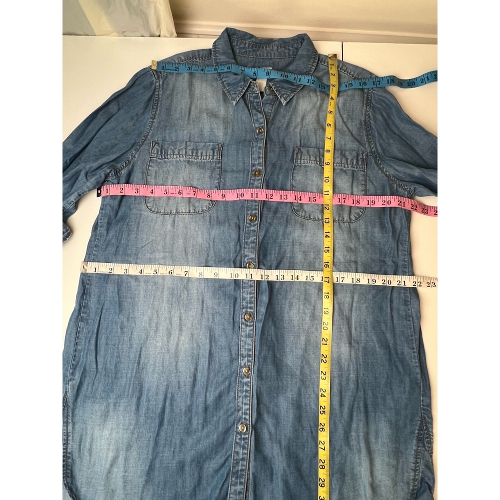 Chico's Long Denim Tunic Shirt Blue Button Up Roll Tab Sleeves 2 (12 Large) - Picture 6 of 13